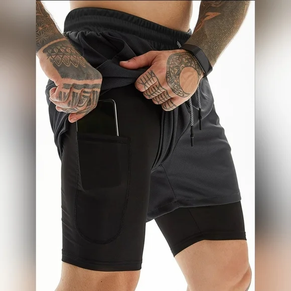 Shein Running Men Drawstring Waist 2 In 1 Sports Shorts With Phone Pocket L - Picture 4 of 4